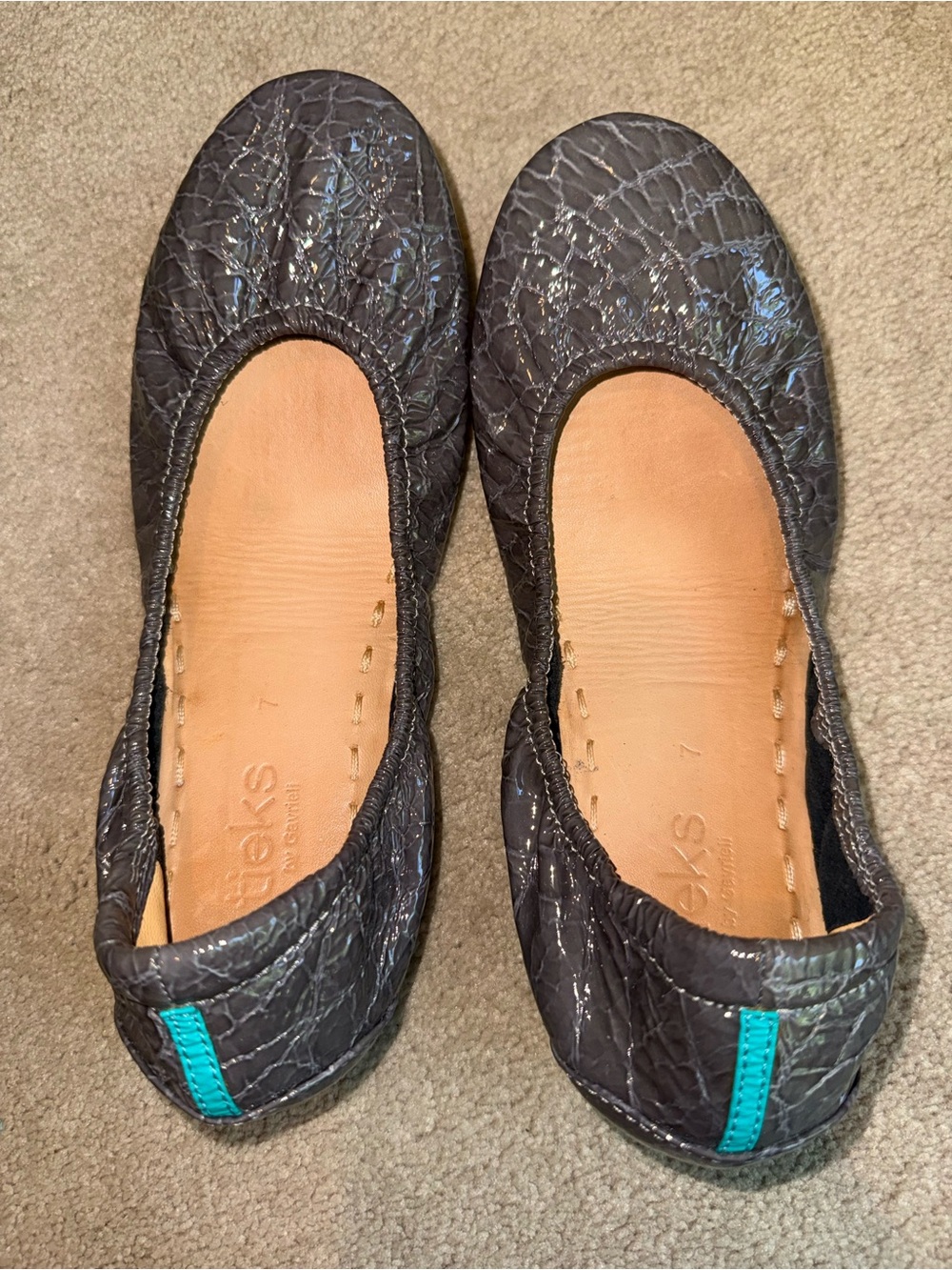 Tieks Slate Gray Patent Croc-Texture Ballet Flats with Teal Accent